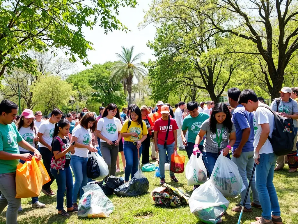 Volunteers participating in a community cleanup event organized by DiaryNest in a sunny park.