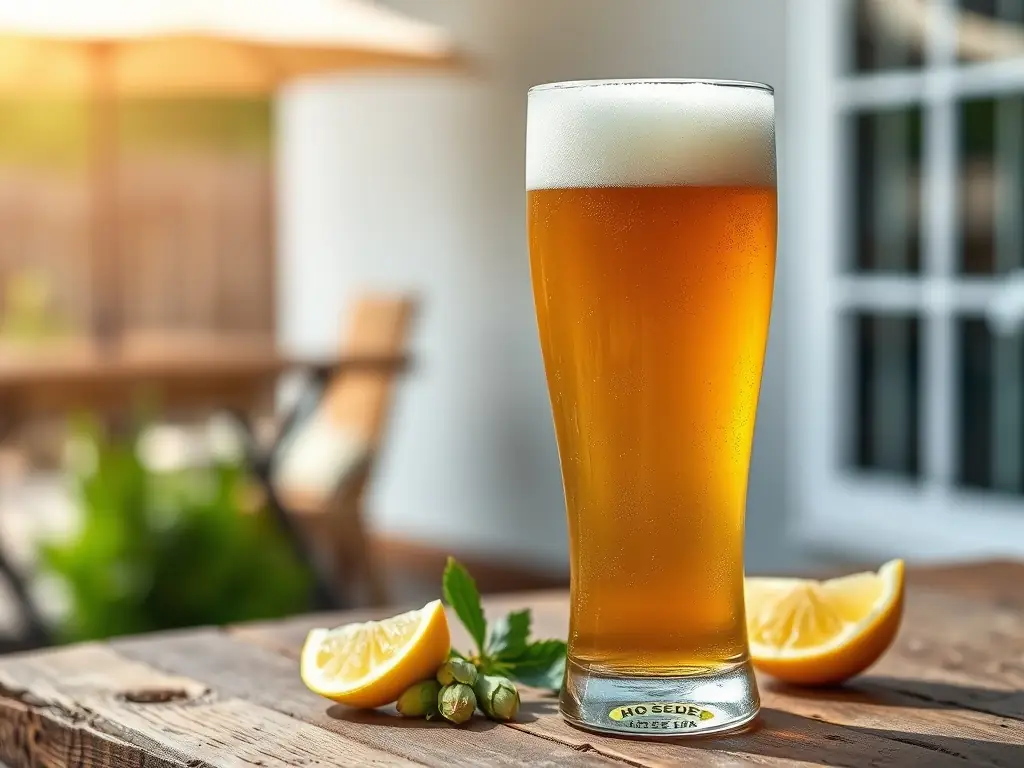 A frosty glass of Hoppy IPA on a rustic table with hops and lemon.