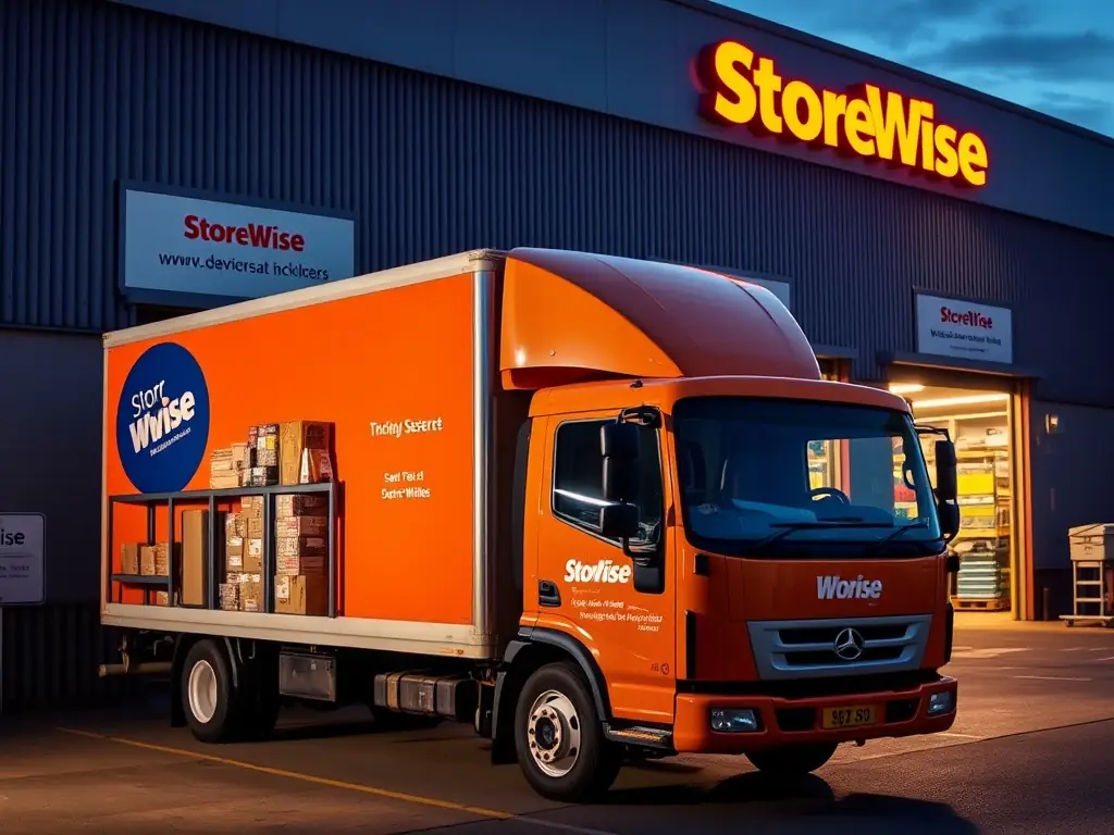 A StoreWise delivery truck loaded with goods, parked in front of a warehouse.