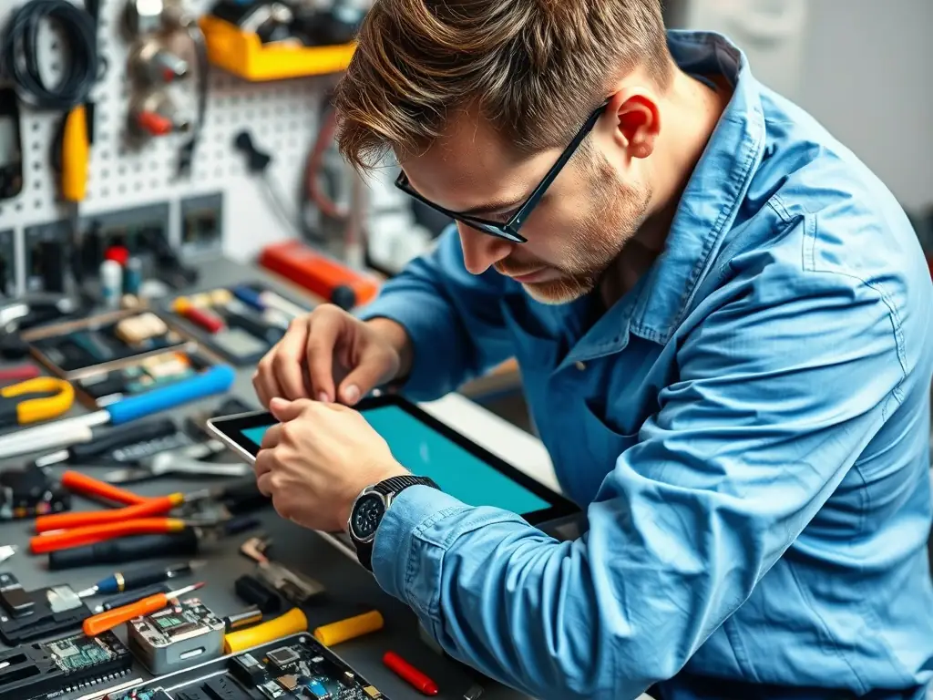 A technician replacing a tablet screen at TechFix Hub.