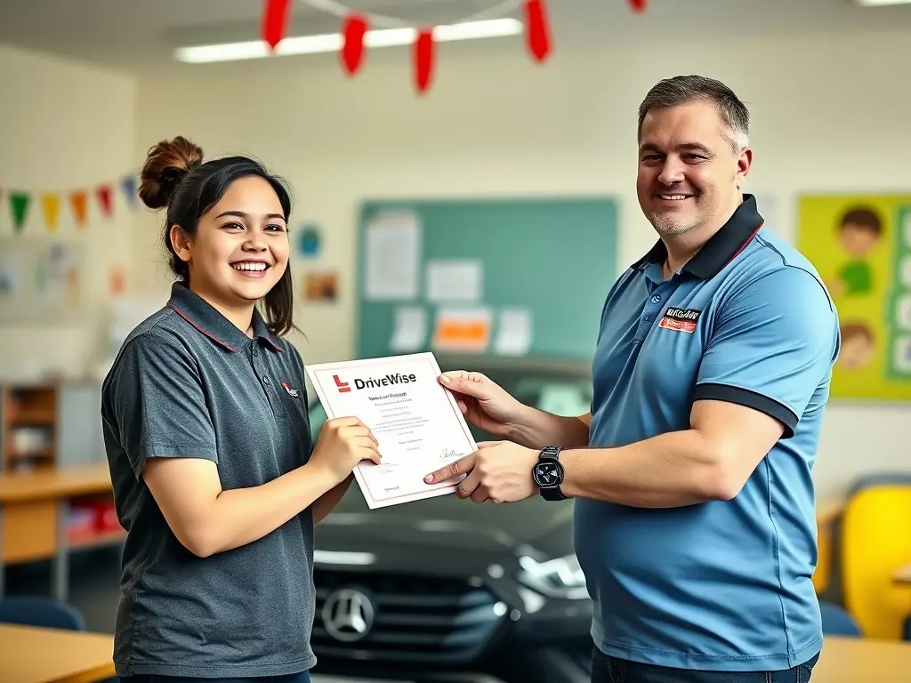 A student joyfully receiving a driving course completion certificate from an instructor.
