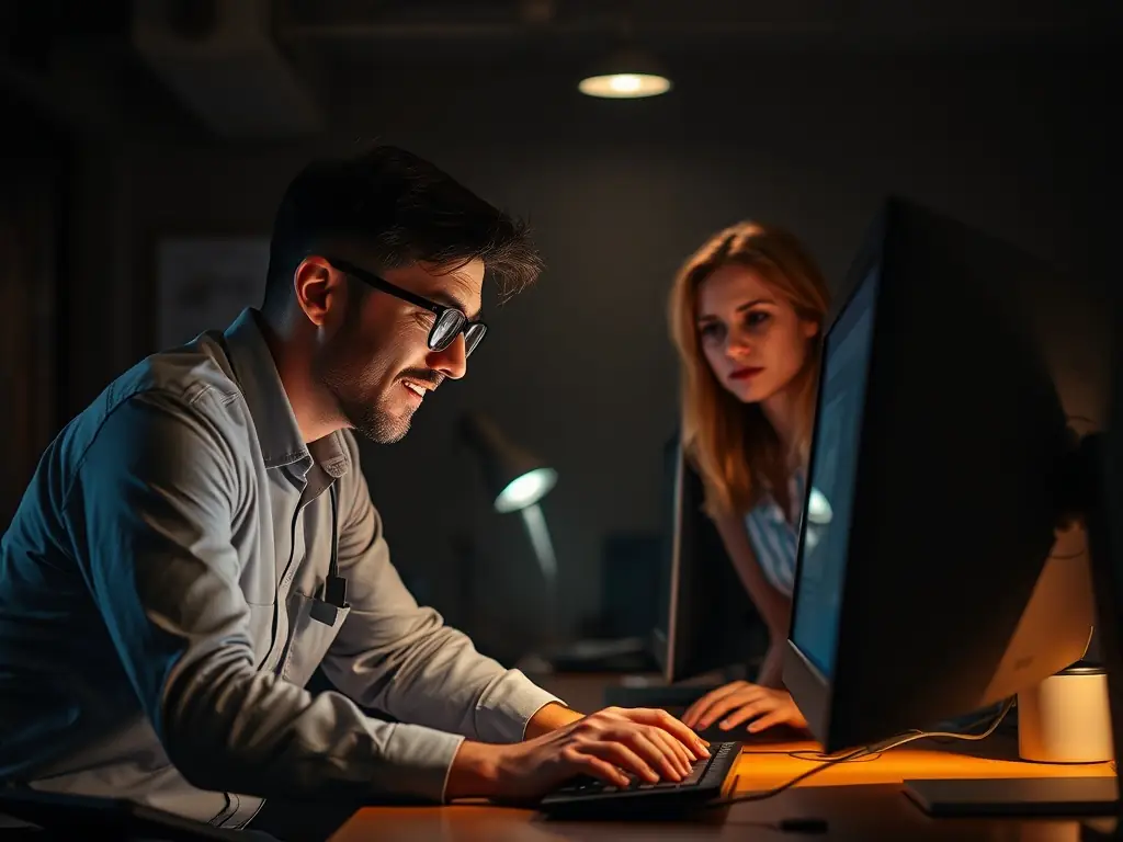 A technician assisting a customer with troubleshooting a desktop computer.
