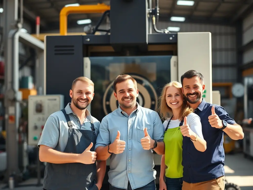 Happy customers giving thumbs up in front of industrial machinery.