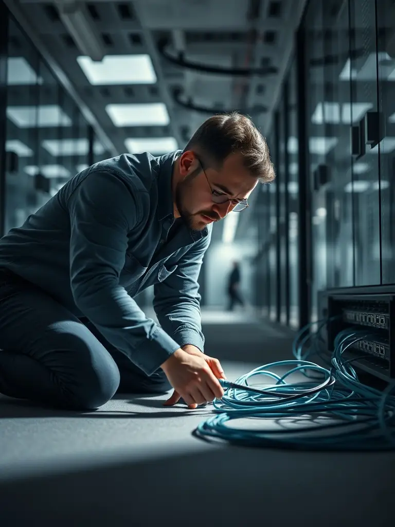 A technician installing network cables in a commercial setting.