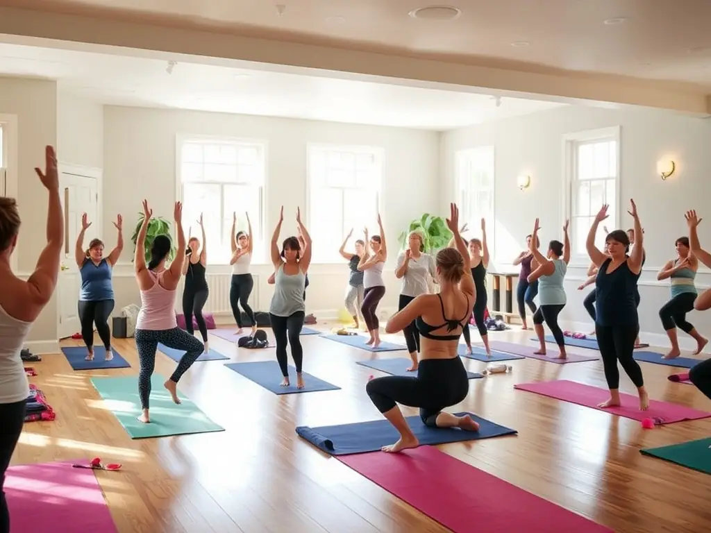 Members practicing yoga in a serene studio at ZenFlow.
