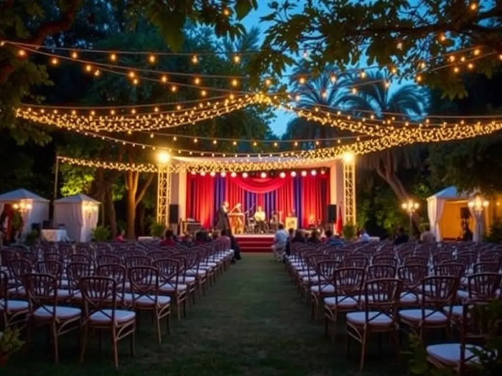 An outdoor festival setting with elegant lighting and seating arrangements.