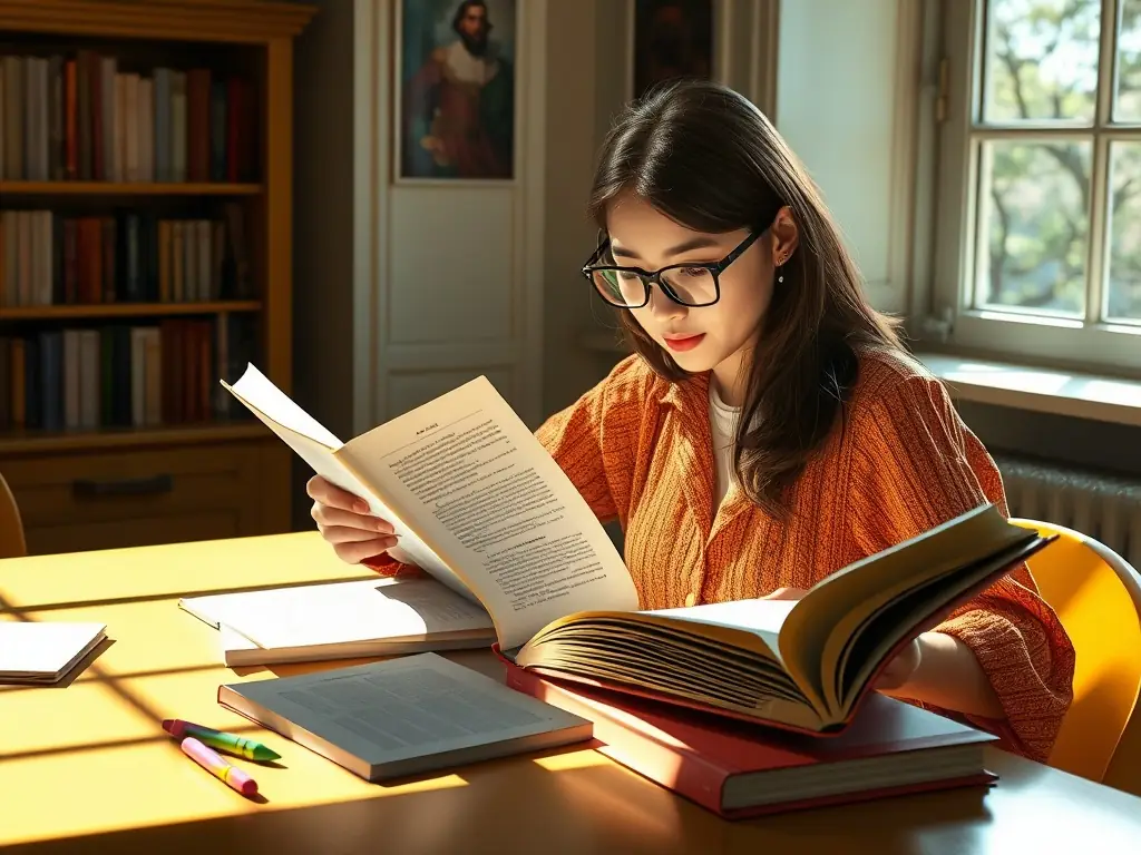 A scholar analyzing a classic novel with notes and highlighters spread out on a table.