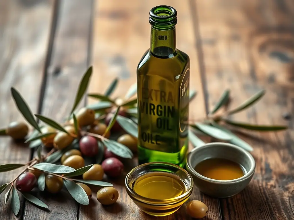A bottle of extra virgin olive oil on a rustic wooden table with fresh olives.