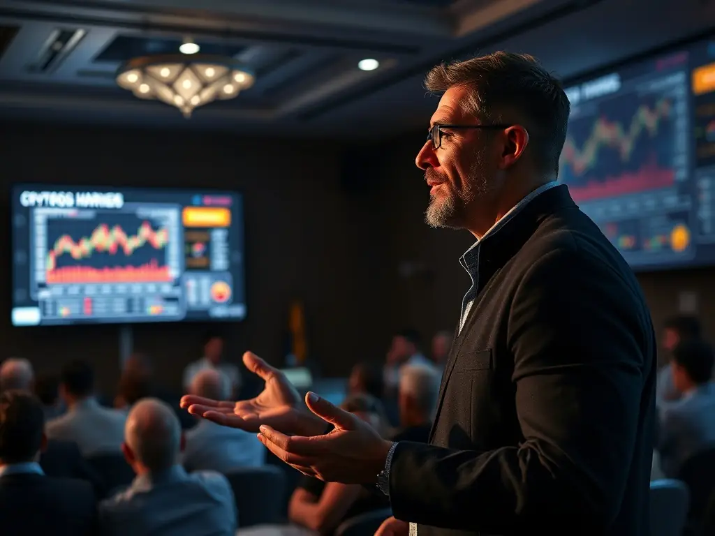 A cryptocurrency analyst presenting market trends at a seminar.