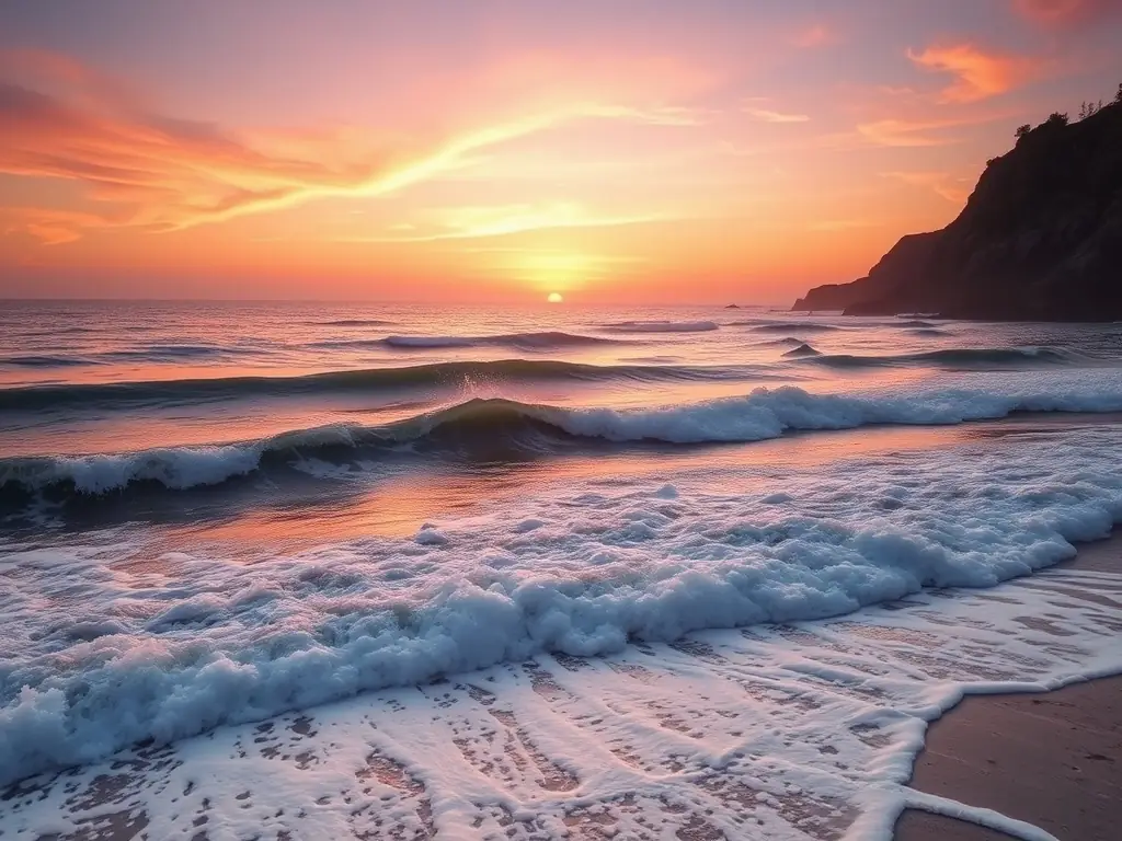 Waves crashing on the shore at sunrise.