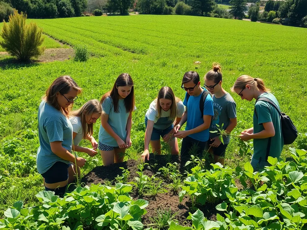 Students participating in a hands-on farming workshop in a green field.