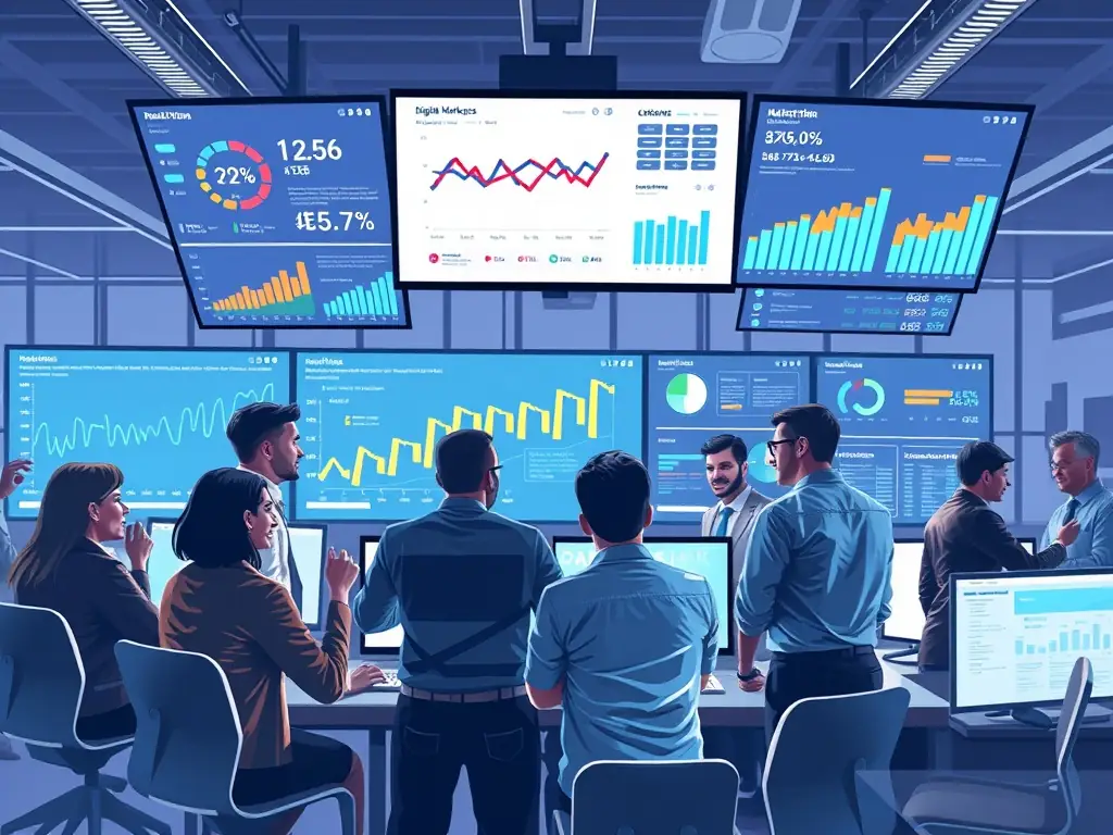 A team of digital marketing experts collaborating in a modern office.