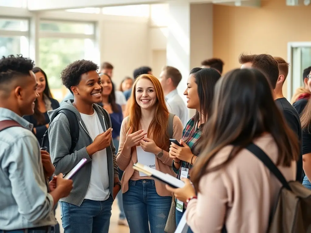 Diverse college students engaged in a lively discussion at a networking event.