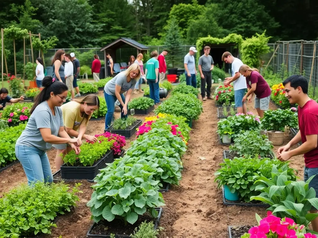 Volunteers working together in a vibrant community garden.
