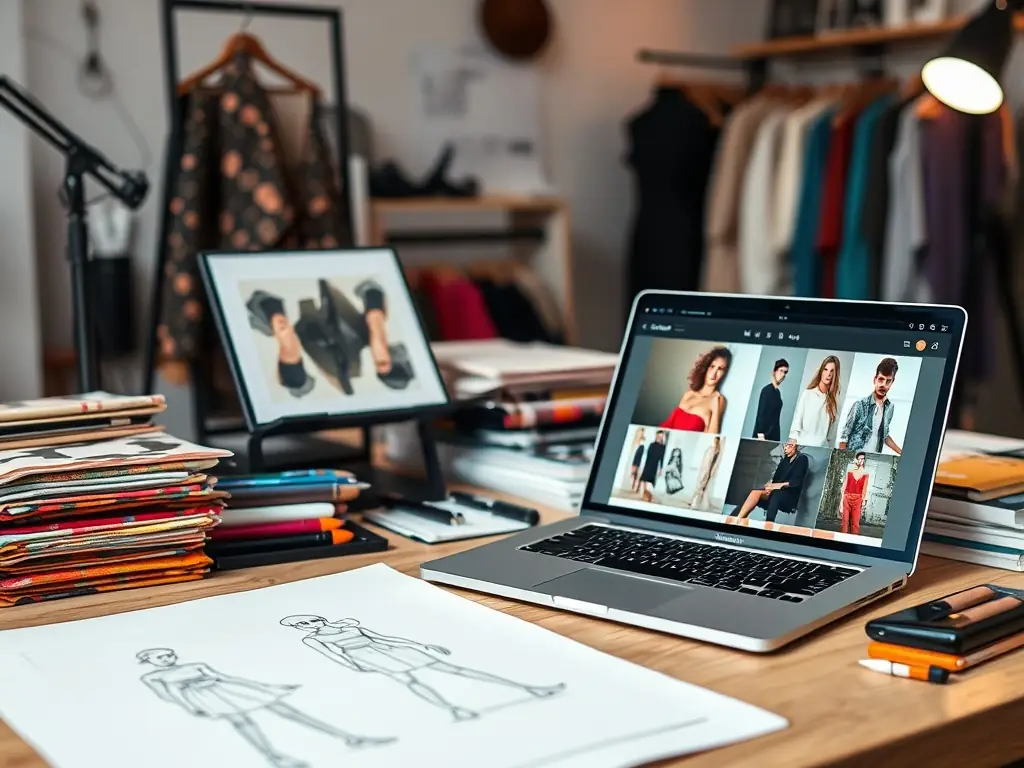 A stylist's workspace with sketches, fabric swatches, and a laptop.