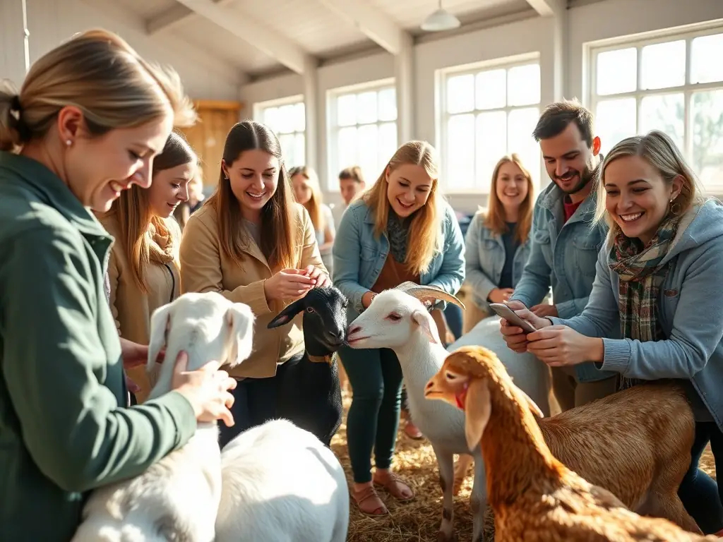Participants interacting with farm animals during a livestock management workshop.
