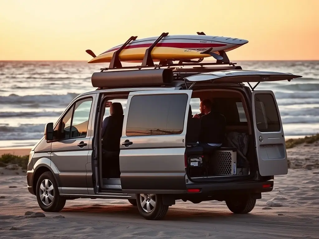 A family-sized van parked at a beach with surfboards on the roof.