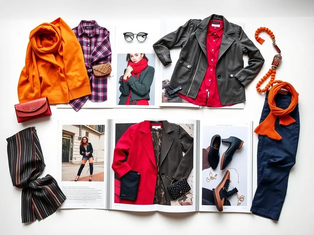 A completed fashion portfolio spread featuring styled outfits and accessories.