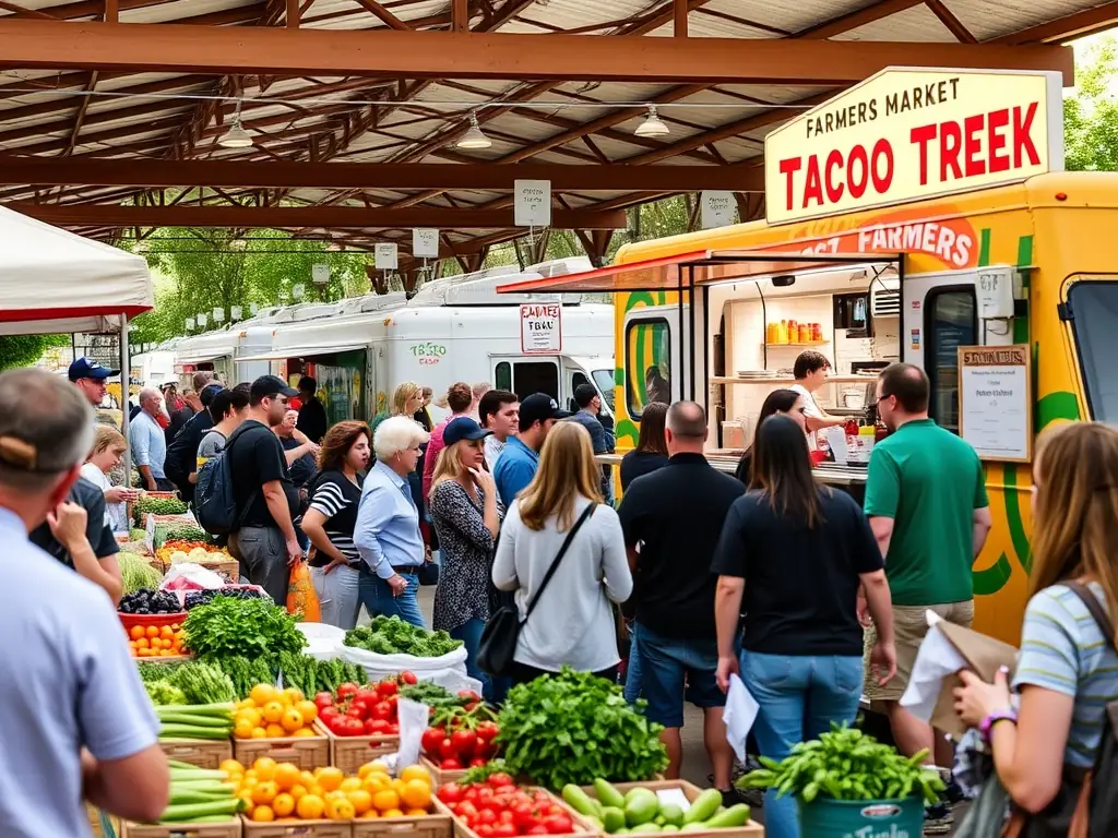 Taco Trek's food truck serving eager customers at a bustling farmers' market.
