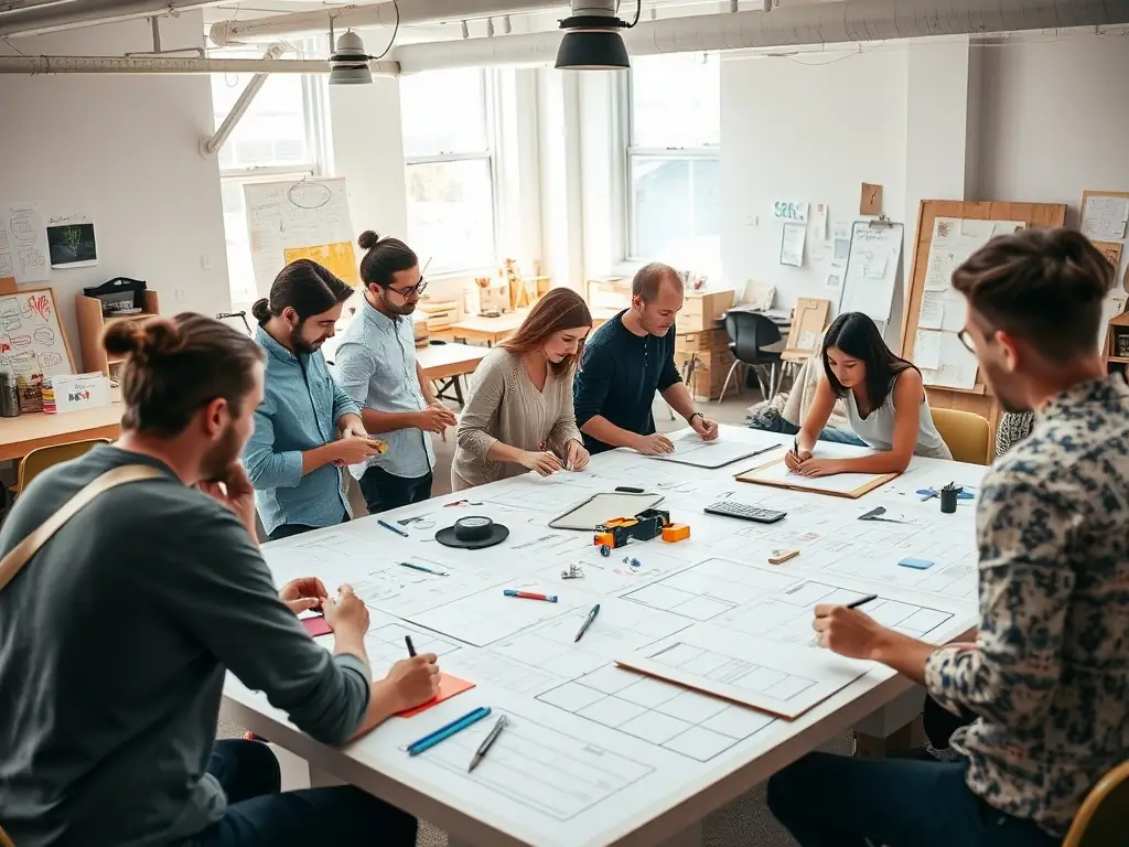 Designers collaborating in a user experience design workshop with sketches and wireframes.