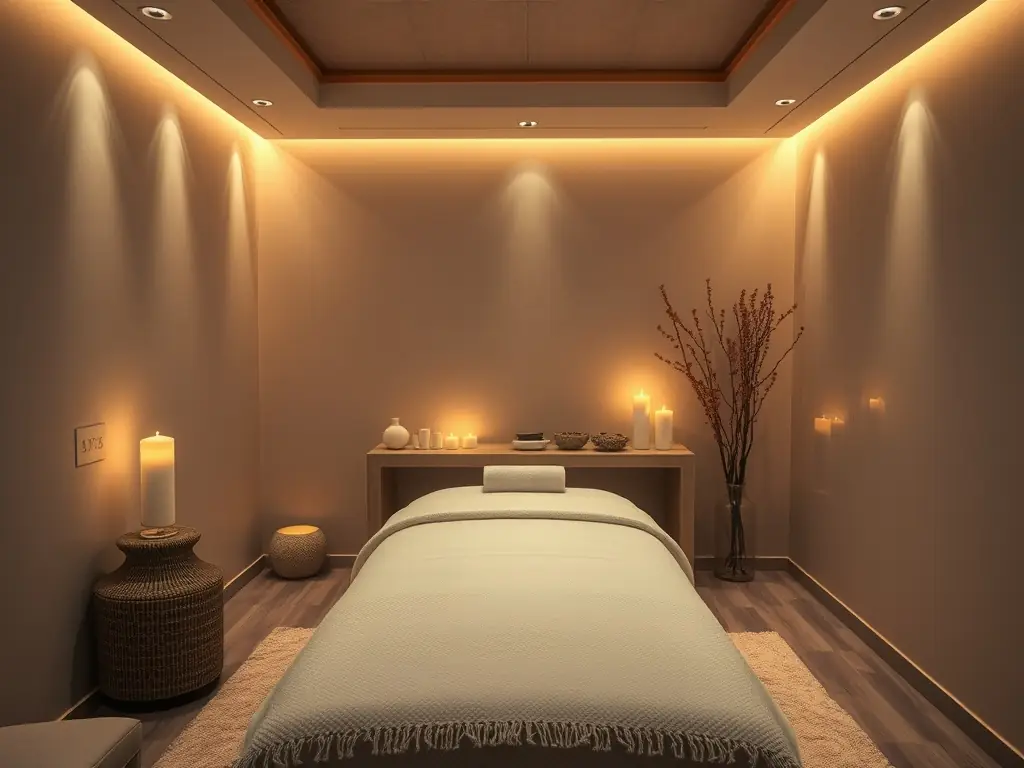 A tranquil spa room with soft lighting, a massage table, and aromatic candles.