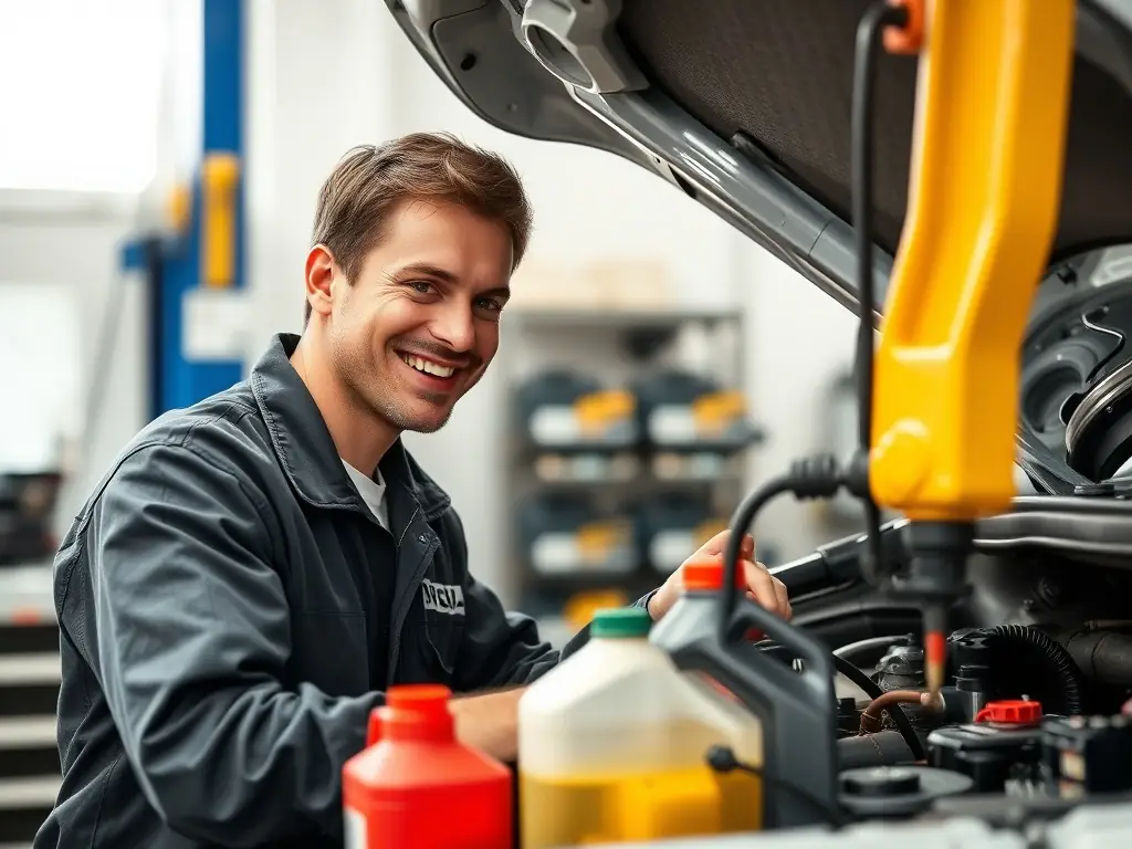 A mechanic performing an oil change on a car in a bright workshop.