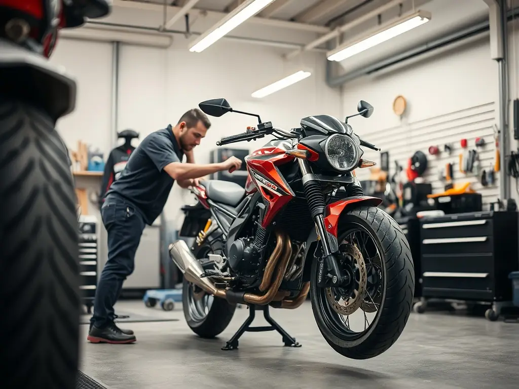 A mechanic performing routine maintenance on a motorcycle in a clean workshop.