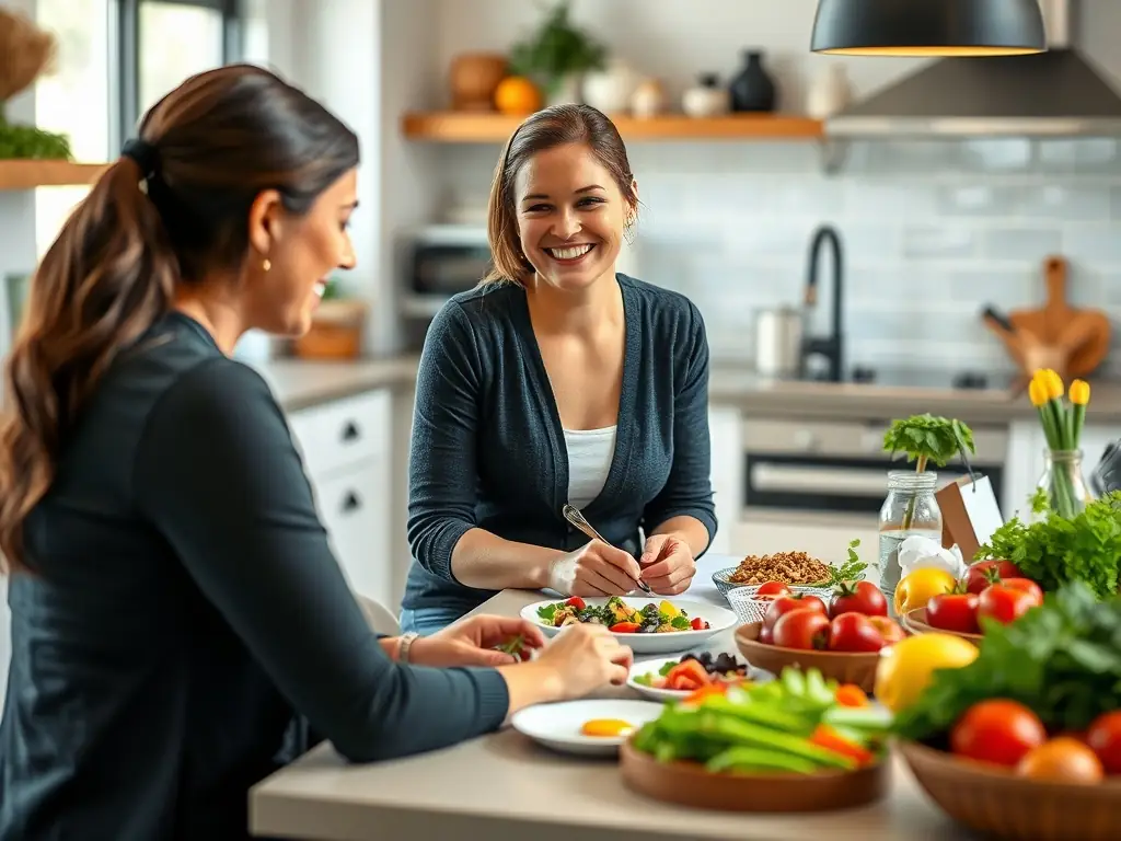 A nutrition coach discussing meal plans with a client at FitSphere gym.