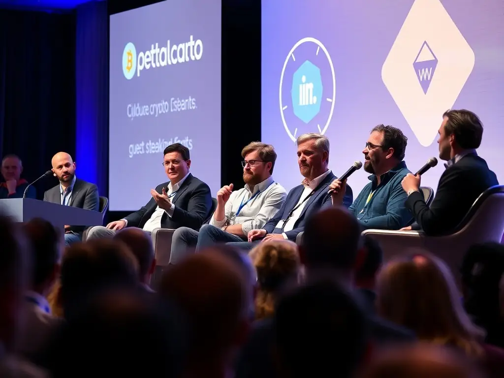 A panel of guest speakers sharing insights at a cryptocurrency event.