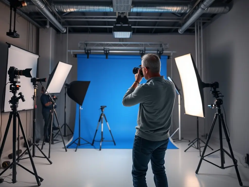 Professional photographer setting up a photoshoot in a studio.