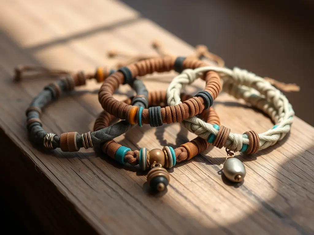 Set of three colorful hemp bracelets displayed on a wooden surface.