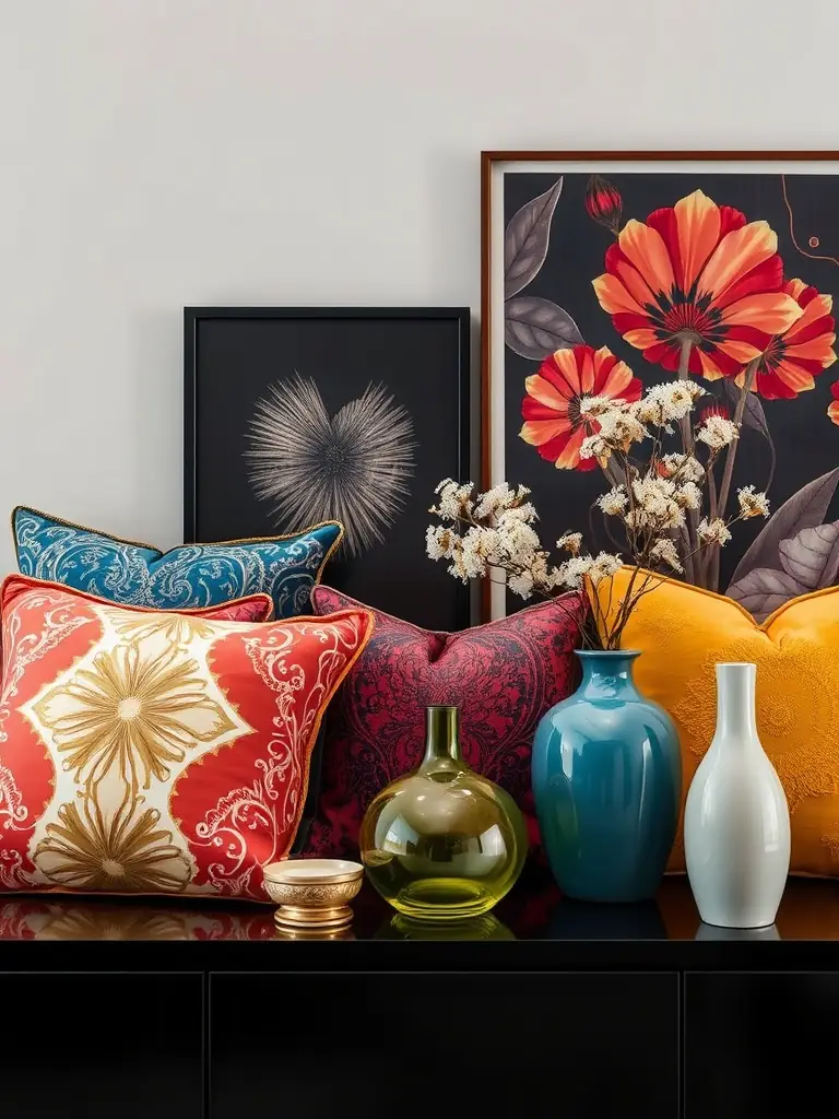 A selection of decor items including cushions, vases, and artwork.