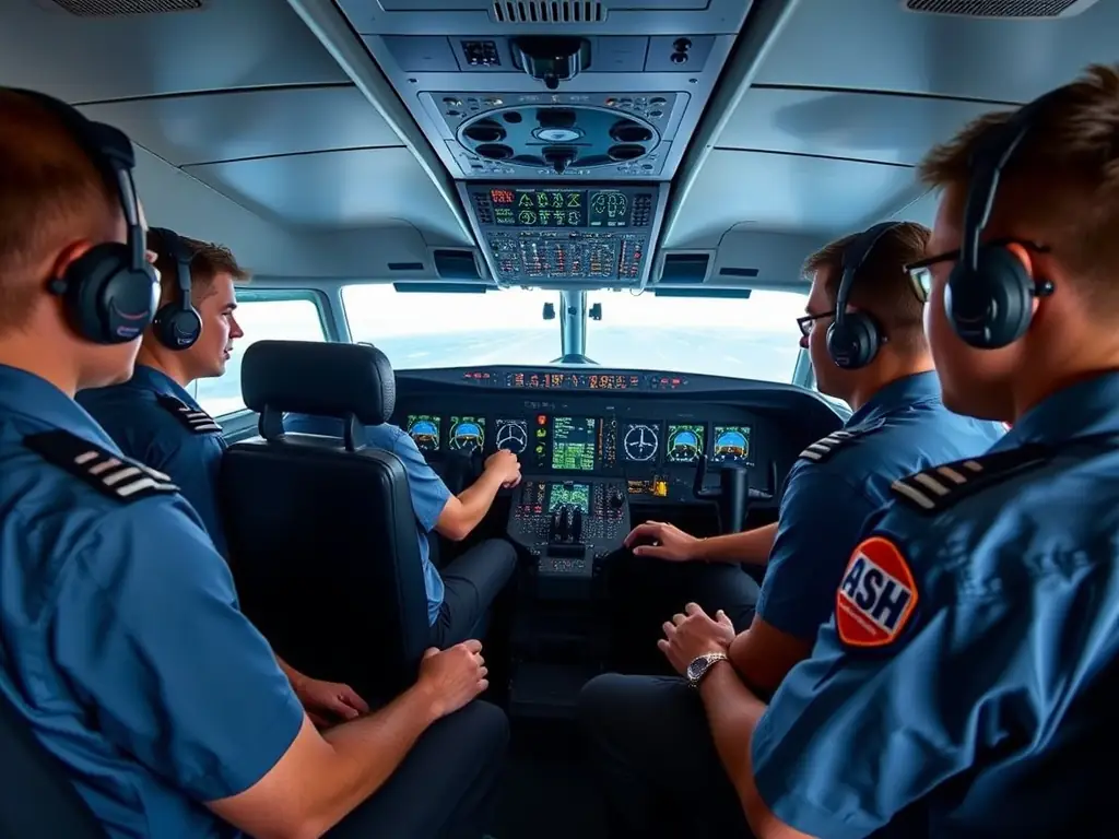 Student pilots gathered around a flight simulator during a training session.