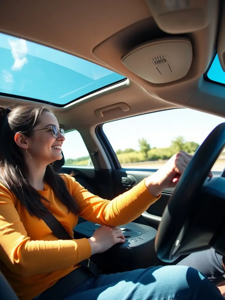 Instructor guiding a student driver on a sunny day.