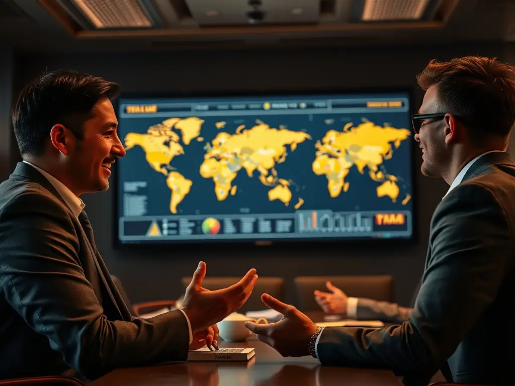 A consultant discussing market entry strategies with a client in a conference room.