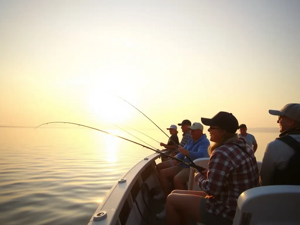 A group of fishing enthusiasts on a boat at sunrise, casting their lines.