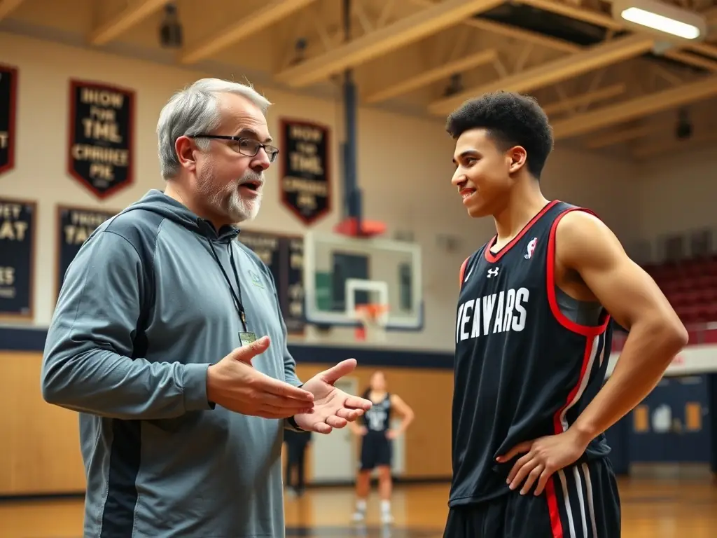 A basketball coach giving feedback to a player during a training session in a well-lit gym.