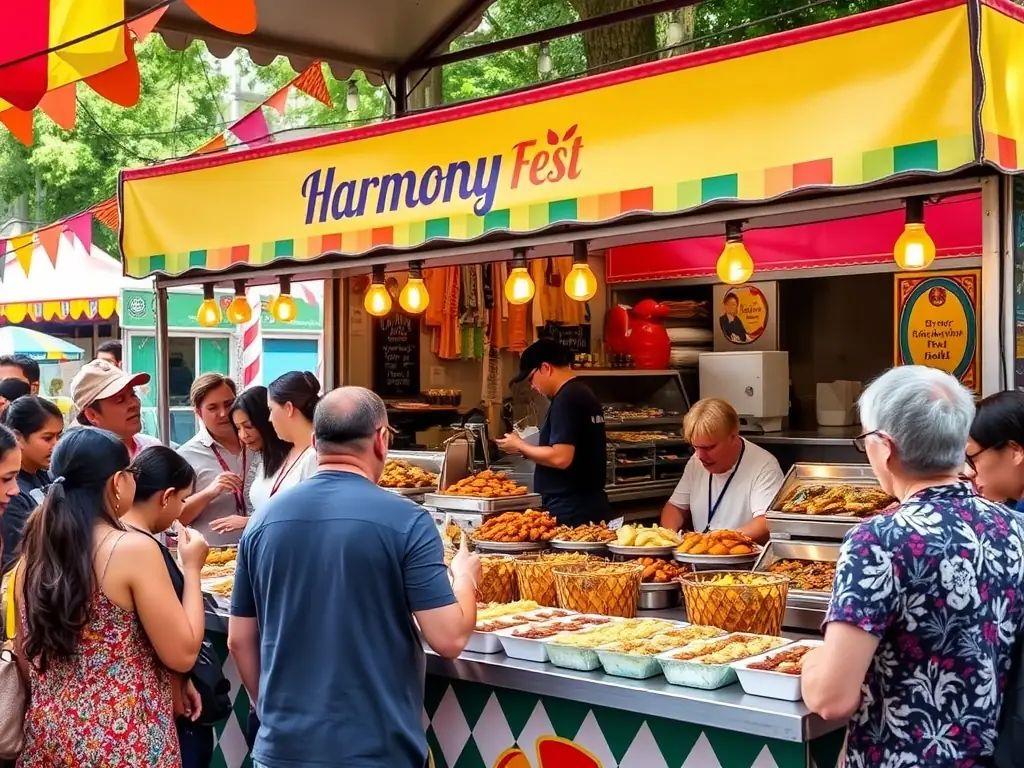 A colorful food stall at Harmony Fest with a variety of gourmet dishes displayed.