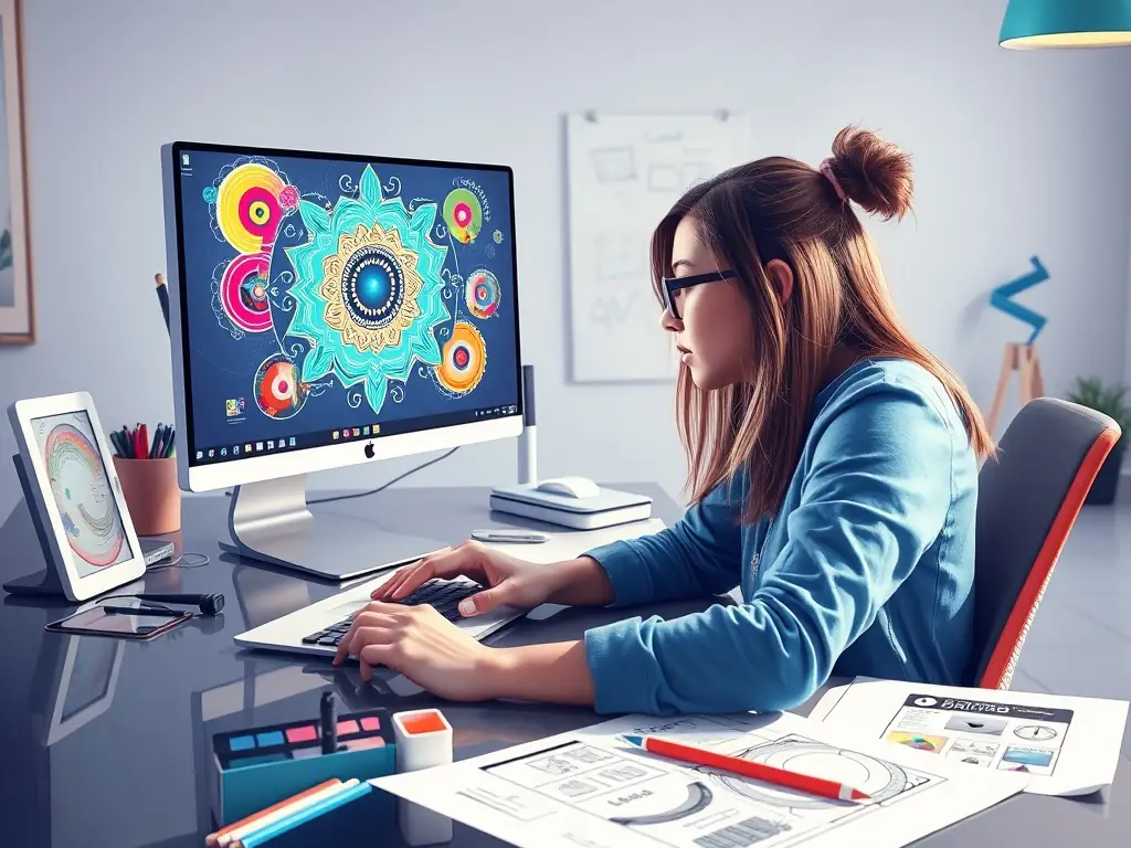 A designer working on a digital graphic design project, showcasing creativity and attention to detail.