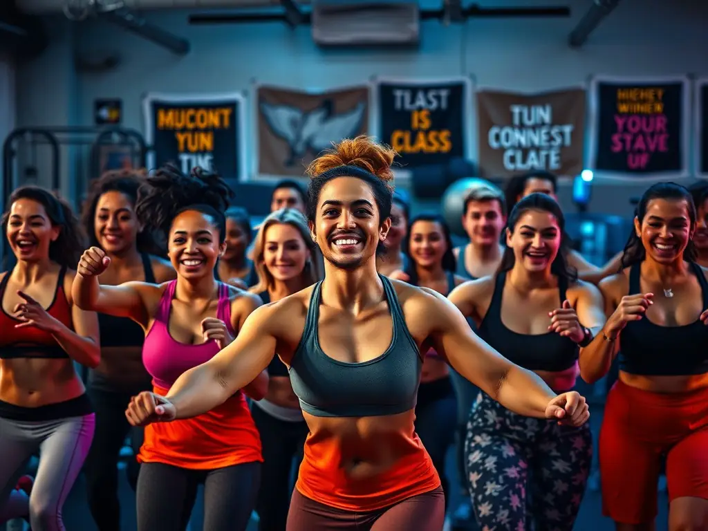 A diverse group participating in a high-energy fitness class.
