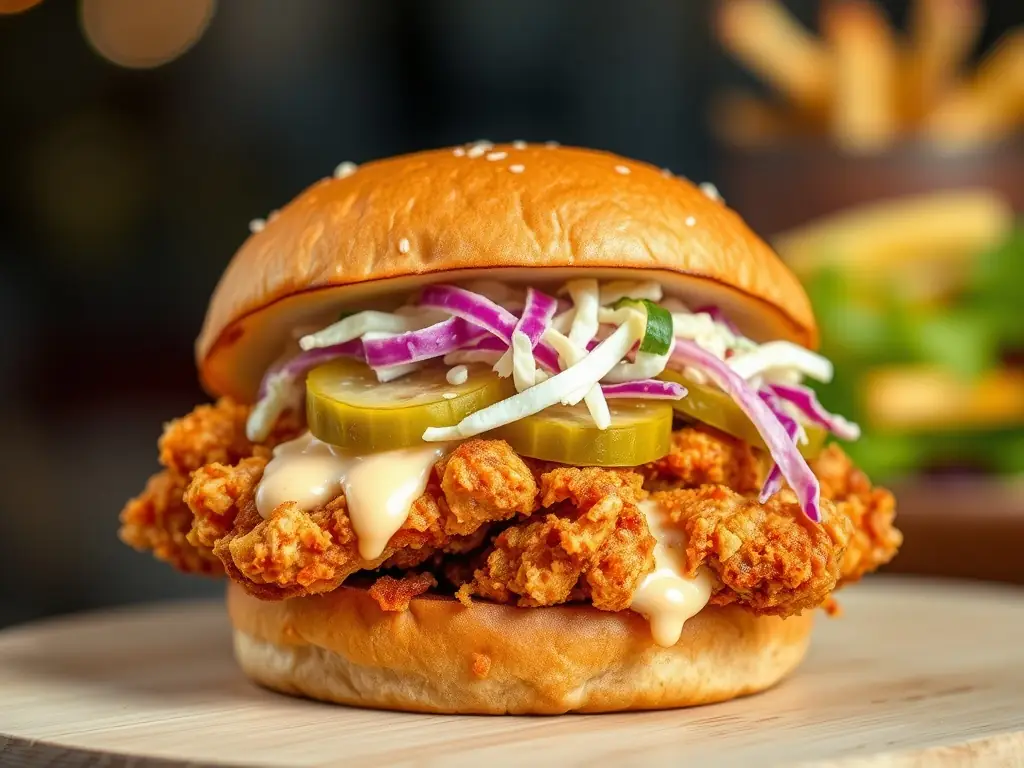 A spicy chicken burger with crispy chicken and toppings.