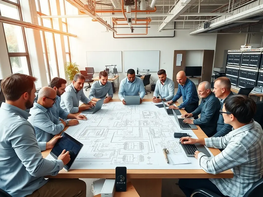 A team of engineers working on a complex electrical system design in an office.