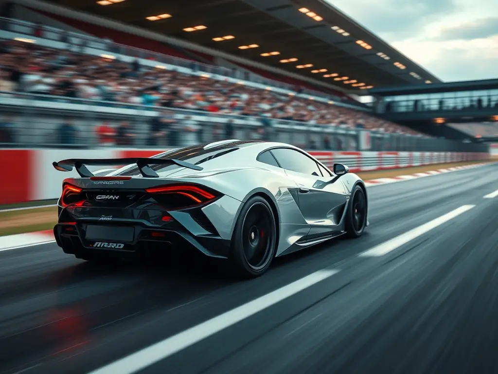 A modern sports car racing on a track.