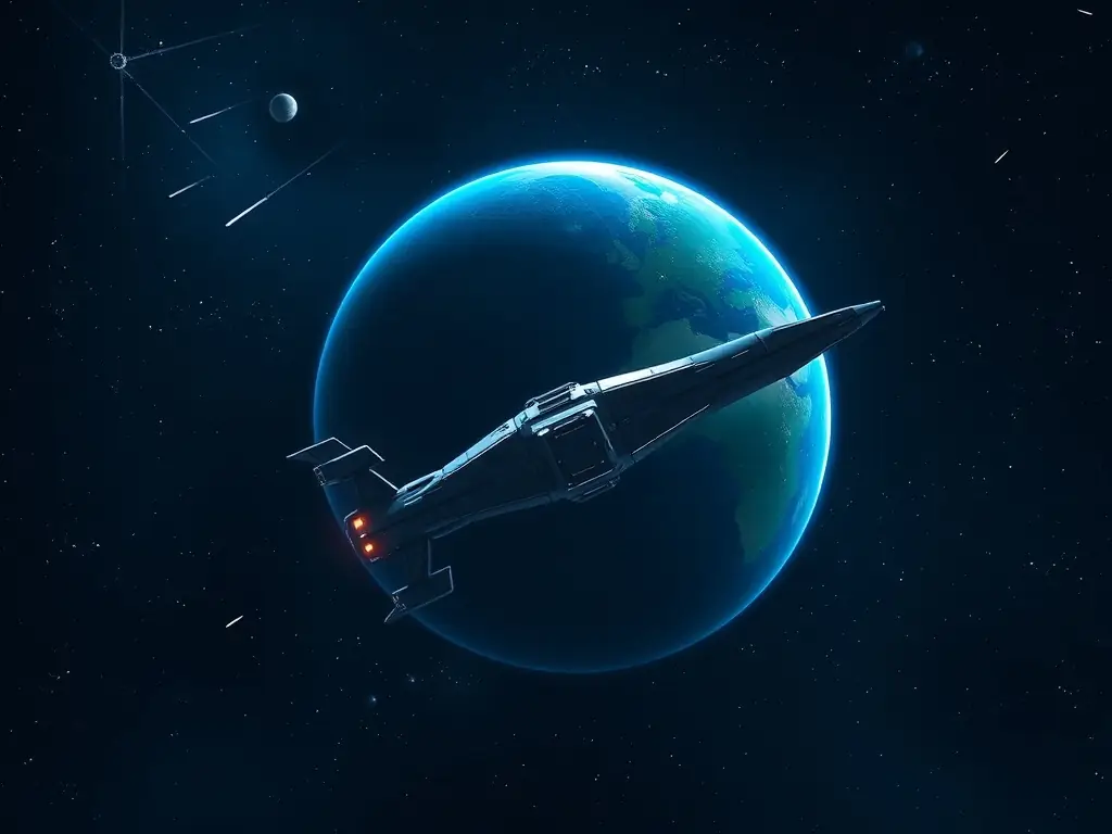 A space station orbiting a distant planet, hinting at a sci-fi strategy game.