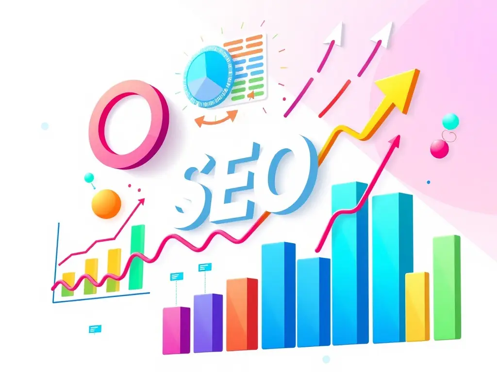 An illustration of SEO analytics with colorful graphs and charts.