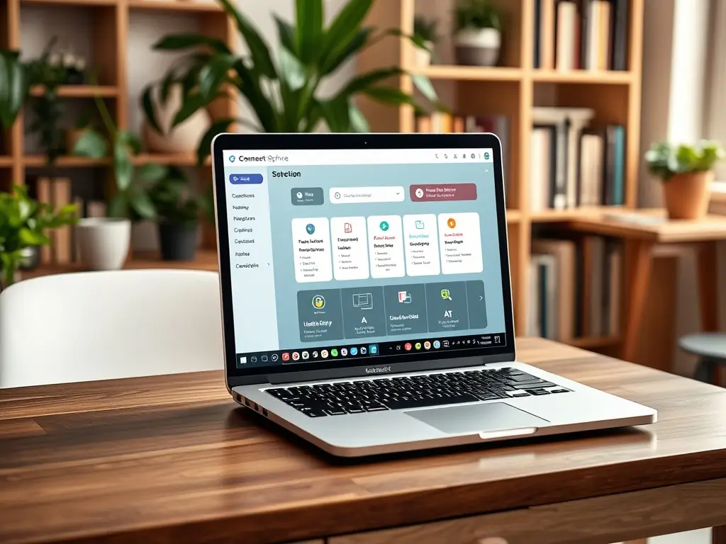 A laptop displaying the intuitive design of the ConnectSphere platform in a cozy home office.