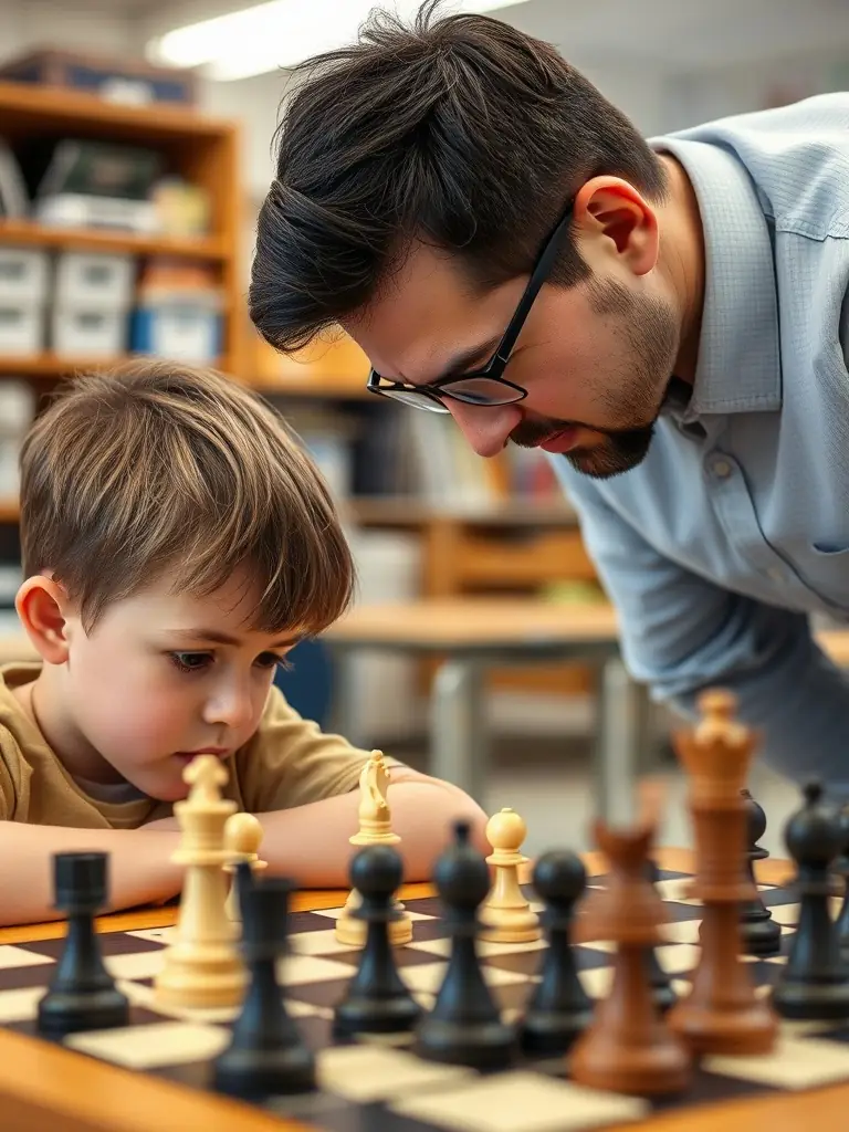 A young student receiving personalized guidance from a chess coach during a lesson.