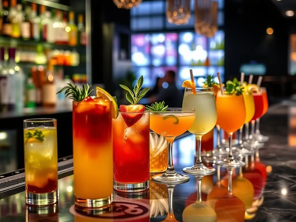 A vibrant display of colorful craft cocktails on a sleek bar counter.