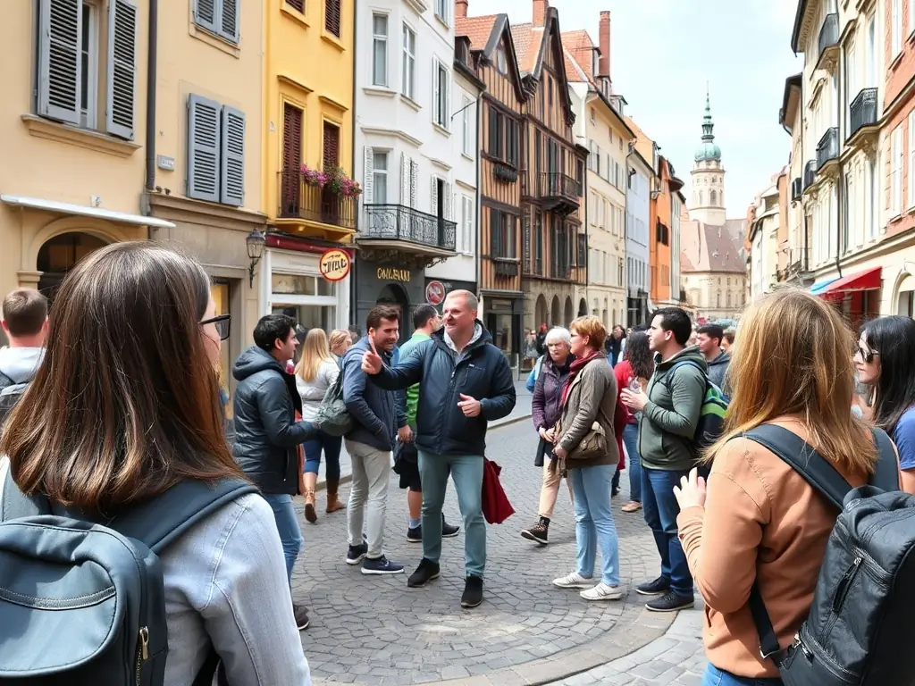 Travelers enjoying a guided tour in a picturesque European city.
