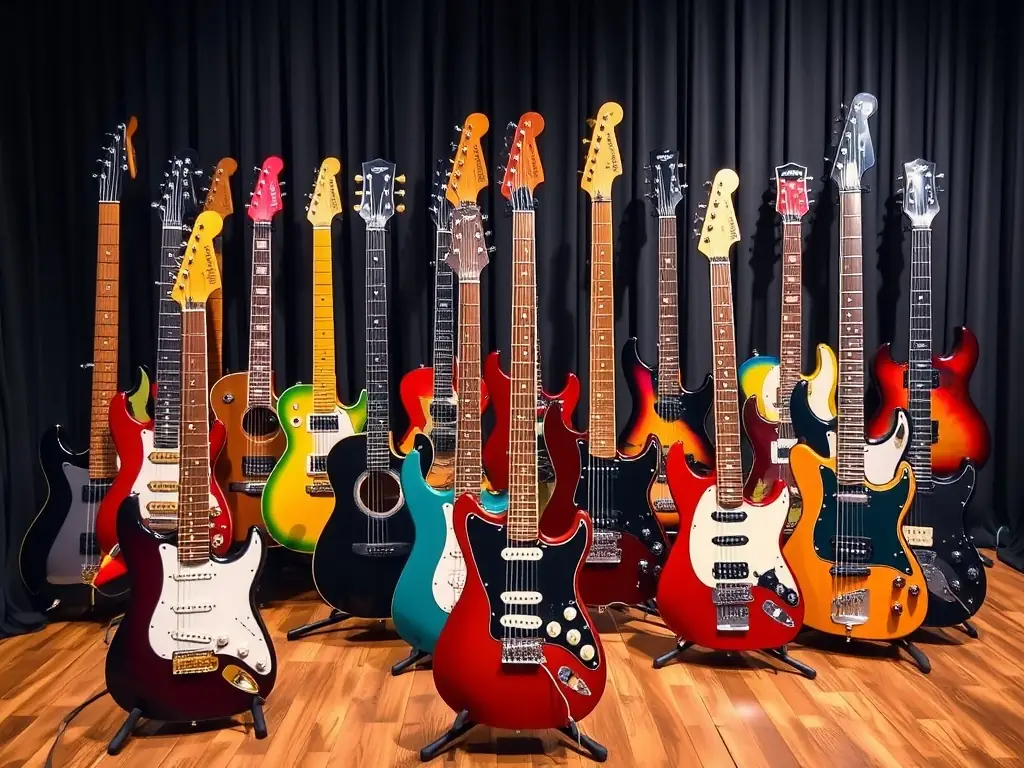 A vibrant arrangement of electric, acoustic, and bass guitars on a wooden stage, illuminated by soft lighting.